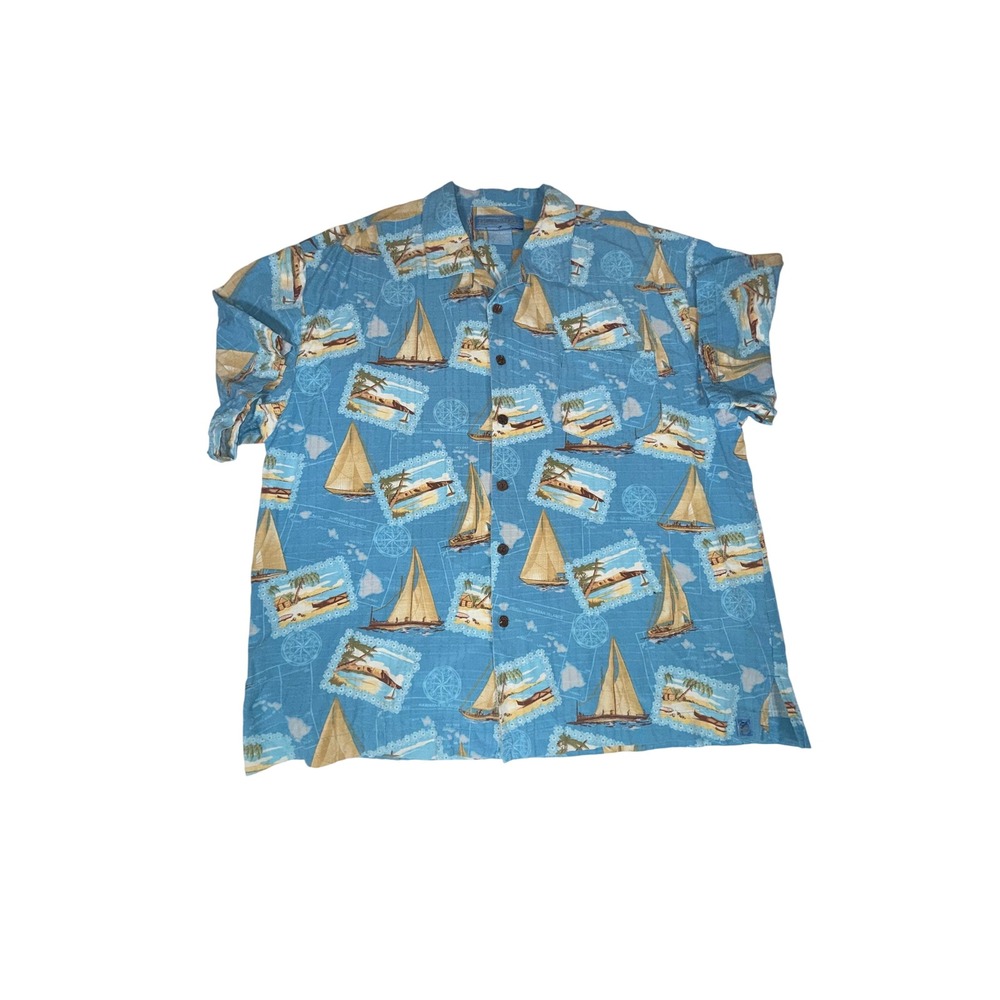 Bermuda Bay Silk Button Front Shirt Mens XXL Blue Sailboat Tropical Print